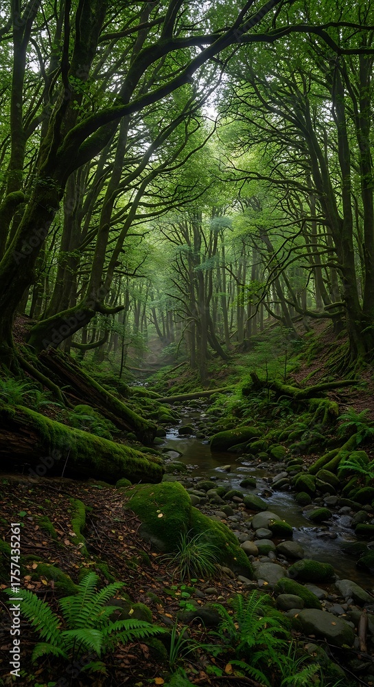 Fototapeta premium Lush green forest scene with trees over a stream natural environment