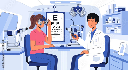 Illustration of a patient undergoing an eye examination at an ophthalmologist's office