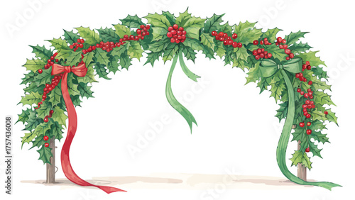 Christmas Holly Garland Arch with Ribbons archway green