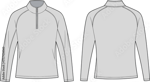Quarter zip pullover flat sketch, long sleeve apparel design, raglan sleeve top, stand collar, casual unisex sportswear, cad drawing vector illustration