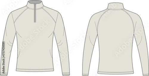 Quarter zip pullover flat sketch, long sleeve design, high collar, raglan sleeve top, casual unisex sportswear, cad drawing fashion vector illustrationQuarter zip pullover flat sketch, 
