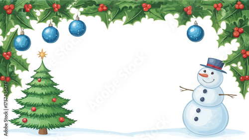 Christmas Tree Snowman And Holly Border With Ornaments Keywords: christmas, tree, snowman, holly