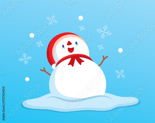 cute and fat snowman cartoon with red hat and scarf