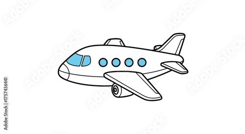 An illustration of a white passenger airplane with blue windows and red wheels flying through the air.