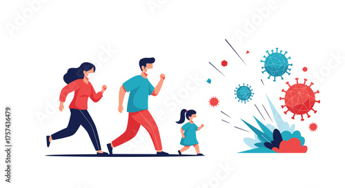 A family in masks running away from a virus outbreak symbolizing the threat of infection.