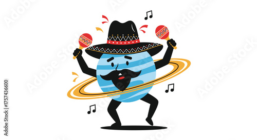 A happy planet with a mustache and sombrero dancing with maracas.