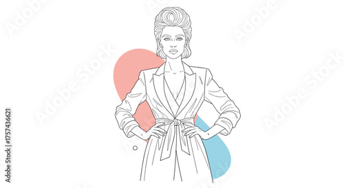 Empowered businesswoman with a strong and confident stance and colorful abstract shapes in the background.