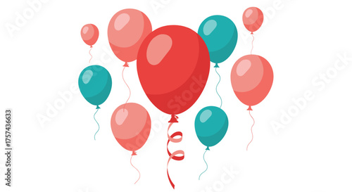 A delightful arrangement of festive red and teal balloons float gently upwards in celebration.
