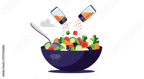Adding seasoning to a fresh bowl of vibrant vegetable salad with a spoon and a cloudy sky in the background.