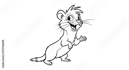 A happy cartoon ferret stands on its hind legs with its mouth open and one paw extended.