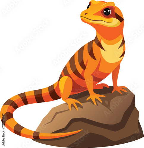 Vibrant orange lizard with black stripes perched on a textured rock