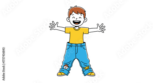 A happy cartoon boy with his arms outstretched and wide open mouth.