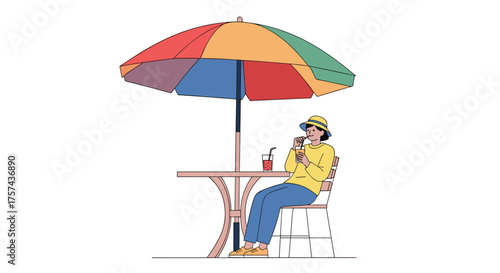 A person enjoying a refreshing drink under a colorful umbrella at a table.