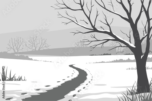 tranquil wintry trail in grayscale vector art winding path footprints textured snow field minimalist aesthetic