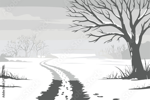 serene snow path with footprints through bare trees monochrome vector illustration for backgrounds and prints