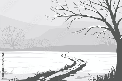 grayscale winter field vector ai eps jpg png winding footpath bare trees overcast sky minimalist composition