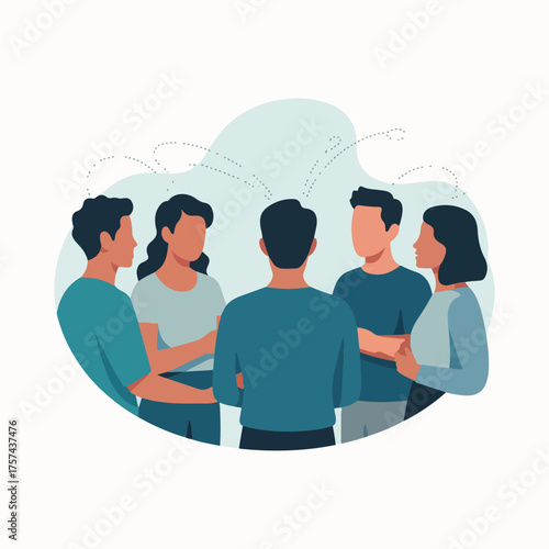 Minimalist vector for International Stuttering Awareness Day with cartoon characters, teal ribbon, sound waves, speech bubble & supportive communication