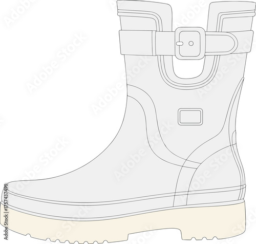 Rubber boot technical drawing, mid calf footwear flat sketch, buckle strap detail, tread sole design, cad illustration, fashion vector template