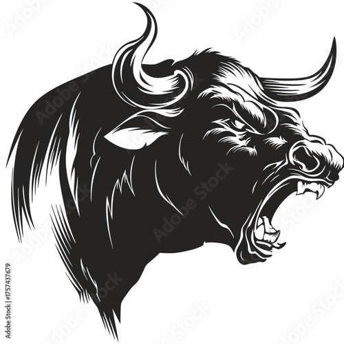 Aggressive roaring bull head vector illustration in black and white, showcasing powerful animal strength and determination.
