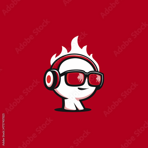 Cool flaming head character wearing headphones and sunglasses. Modern vector mascot for music, gaming, or energetic designs.