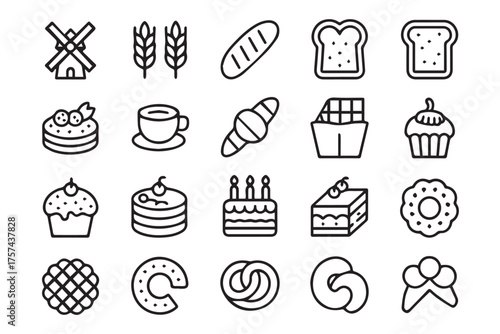 monochrome baked goods icon pack vector ai eps jpeg png bread croissant cake donut cupcake bakery symbols