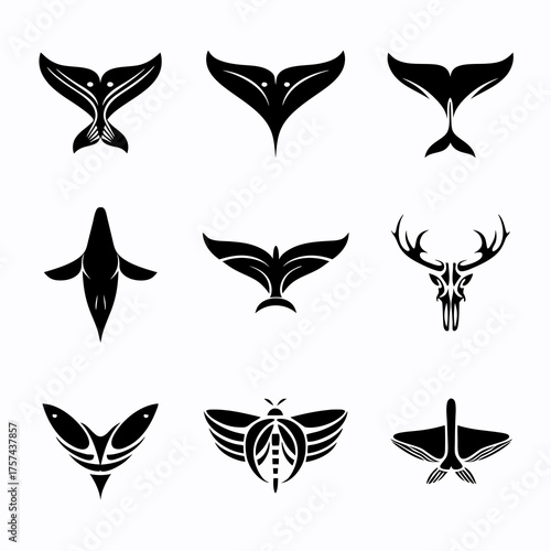 Collection of abstract black animal and nature-inspired silhouettes: whale tails, fish, deer skull, insect, and bird icons on white background.