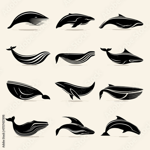 Collection of stylized black whale and dolphin silhouettes, marine mammal vector icons, abstract sea life symbols, ocean animals set for logo design
