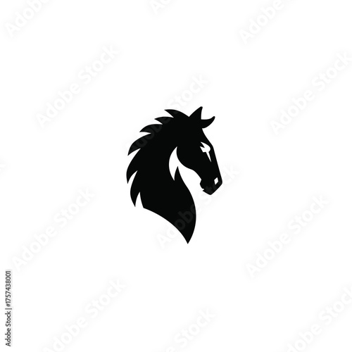 Majestic black horse head silhouette graphic. Dynamic equine symbol representing strength, speed, and freedom on white.