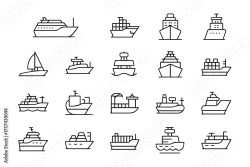 black and white ship icons pack vector line illustrations for editorial web print ai eps png jpg