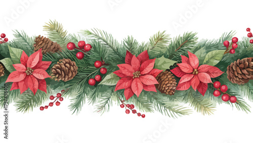 Christmas Garland with Poinsettias Pine Cones and Holly Berries