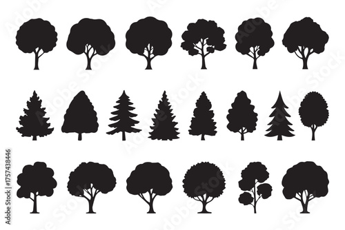 set of diverse tree silhouettes vector ai eps png jpeg scalable foliage shapes for landscape, branding, and pattern design