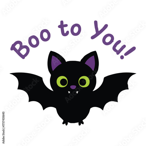 Cartoon black bat with big green eyes and "Boo to You!" greeting, perfect for kids' Halloween cards and stickers.