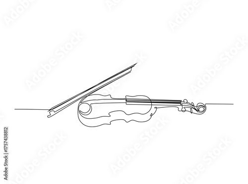 Classic violin in single outline illustration. Continuous line art drawing of violin, musican equipment. Editable stroke.
