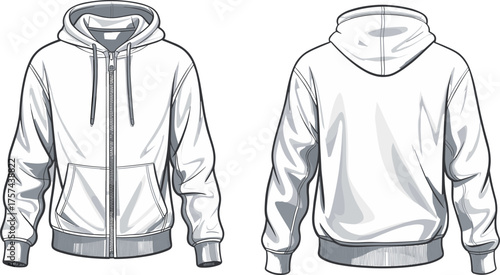 Zip up hoodie illustration, front and back view, drawstring hood, ribbed cuffs waistband, casual unisex sweatshirt, cad drawing flat vector illustrationZip up hoodie illustration, front and back view