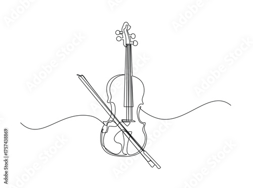 Classic violin in single outline illustration. Continuous line art drawing of violin, musican equipment. Editable stroke.