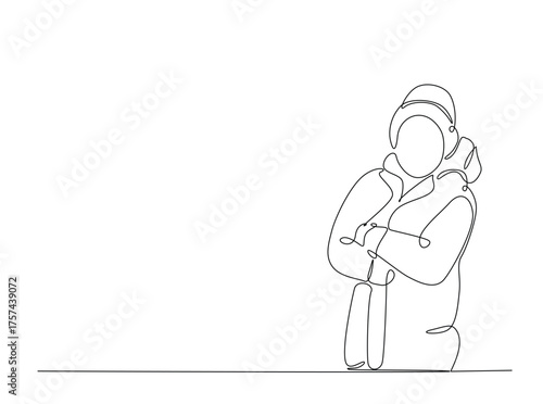Young girl wearing winter cloth in single outline illustration. Continuous line art drawing of model wearing winter fashion. Editable stroke.