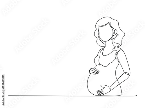 Pregnant woman in single outline illustration. Continuous line art drawing of pregnant woman holding her belly. Editable stroke.