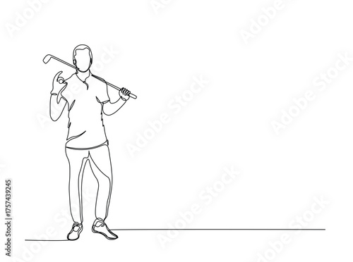Professional golf player in single outline illustration. Continuous line art drawing of golfer. Editable stroke.