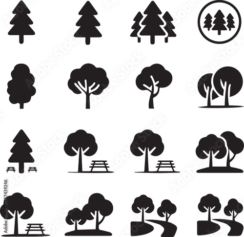 stylized tree and park silhouette icon grid designs for maps signage outdoor apps in editable ai eps vector