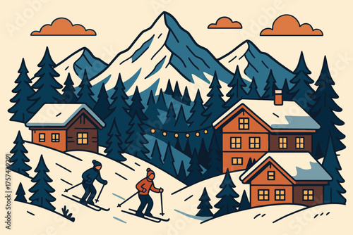 Cozy mountain village scene with skiers and snow covered cabins in winter