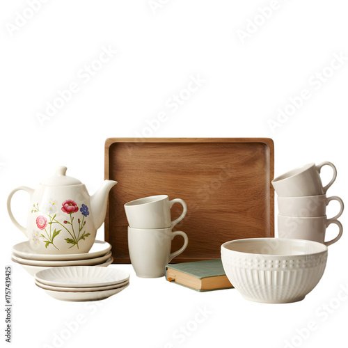 Elegant Tea Set and Serving Tray: Perfect for Afternoon Tea or Home Décor isolated on transparent background