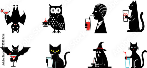 Whimsical halloween silhouettes of creatures enjoying spooky drinks and holding phones