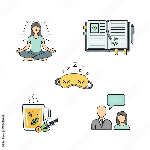 A collection of icons representing self-care activities including meditation, journaling, sleep, herbal tea, and conversation.