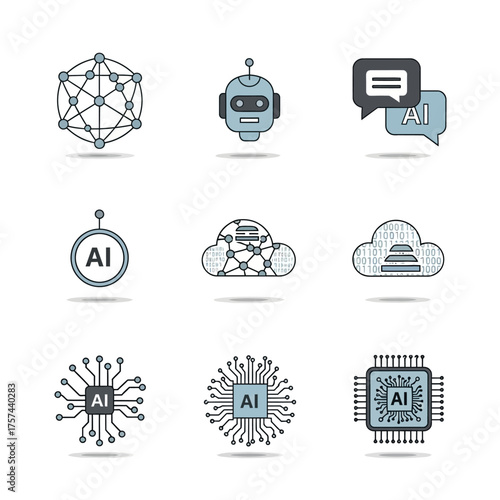 Collection of various AI-related icons, representing different aspects of artificial intelligence.