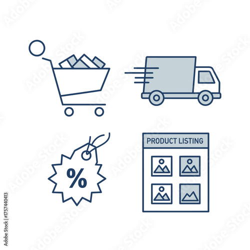 A set of four e-commerce icons representing online shopping, fast delivery, sales discounts, and product listings.
