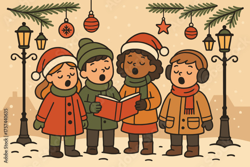 Children in santa hats singing christmas carols outdoors on a snowy street at night