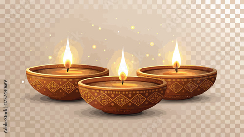 Three Lit Diya Lamps on Transparent Background oil lamp