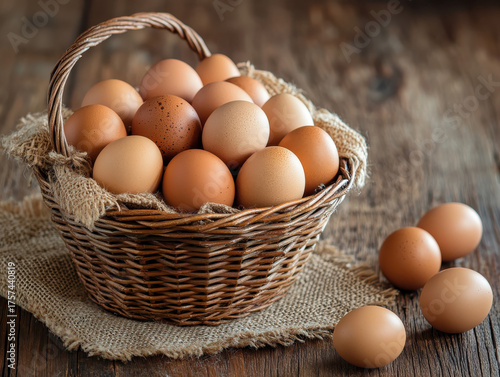 Fresh farm eggs in rustic basket, perfect for breakfast, cooking, and food-related projects, promoting health and natural living.