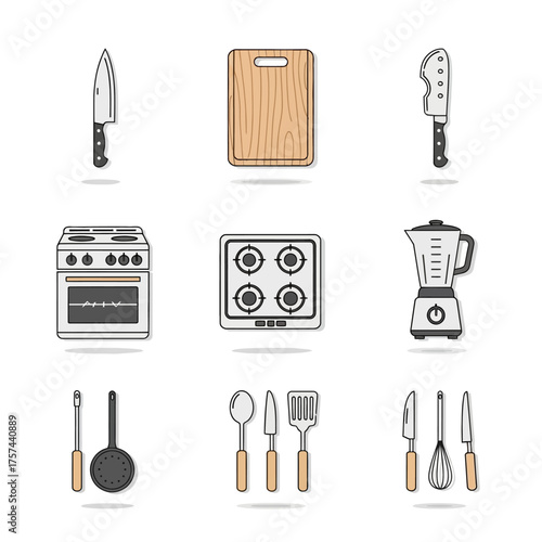 A collection of nine flat design icons representing various kitchen utensils and cooking appliances, including knives, a cutting board, a stove, a blender, and other tools.
