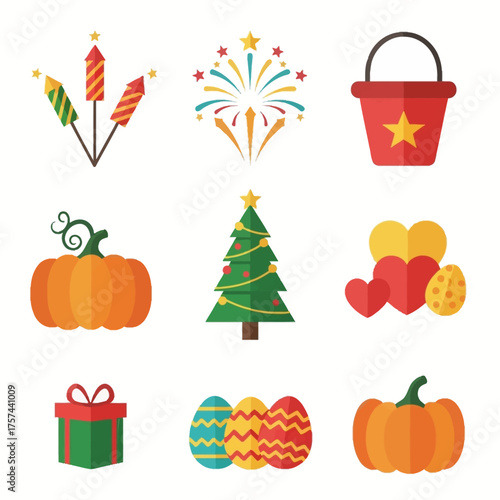 Collection of various festive and seasonal icons, including fireworks, pumpkins, and gifts.